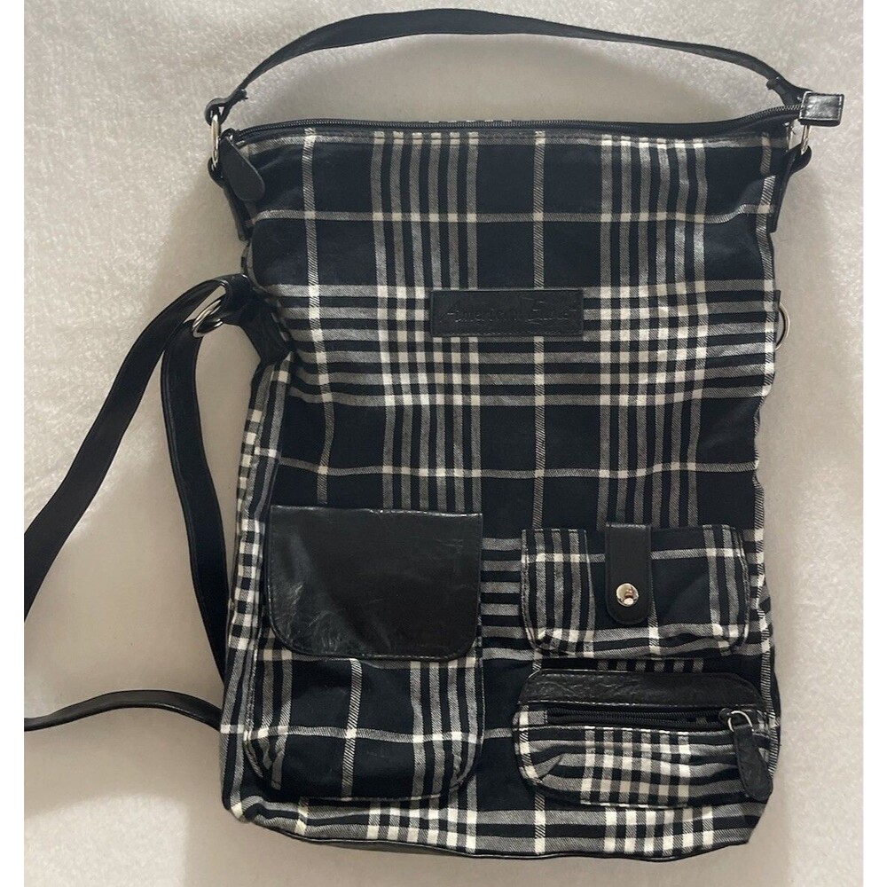 AMERICAN EAGLE BAG Black & White Plaid Fabric And leather Roomy Crossbody Bag